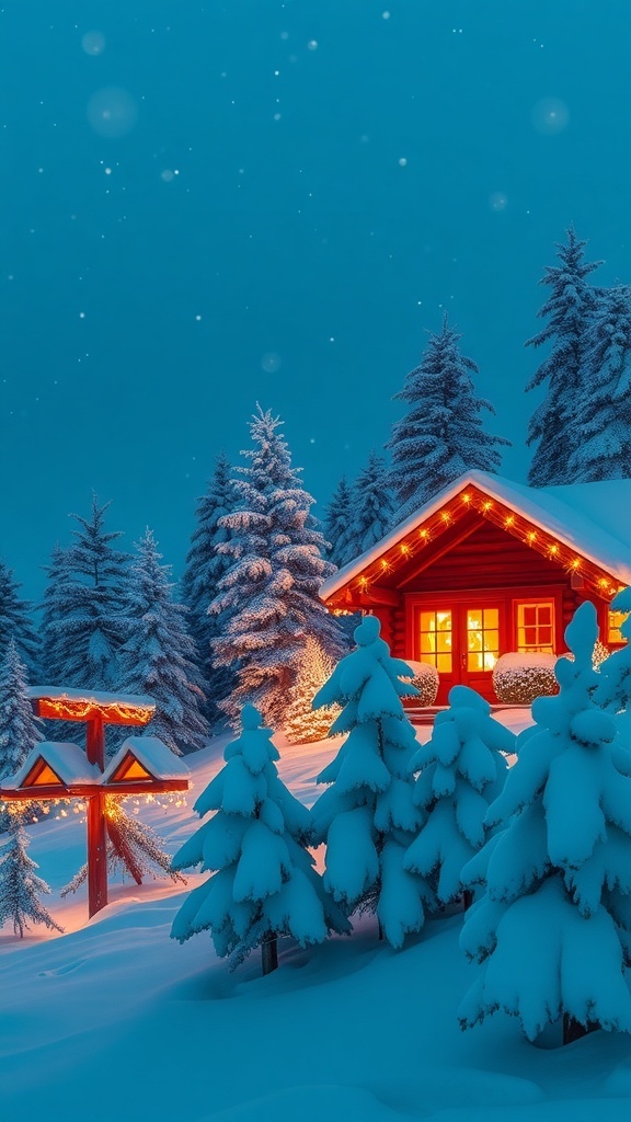 A picturesque Christmas landscape with snow-covered trees, a cozy cabin with lights, and falling snowflakes.